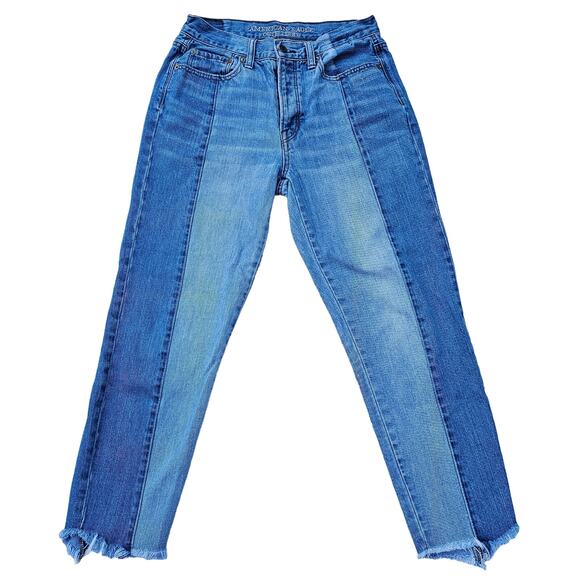 Two Tone Stretch Denim Jeans American Eagle Sz 6 Vintage Hi-Rise Crop Button Fly - Picture 2 of 10